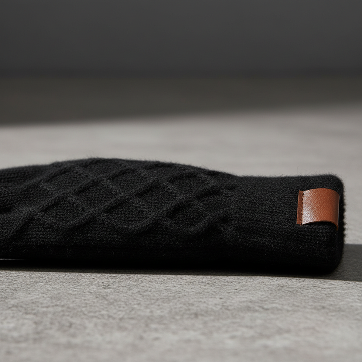 Close-up of thermal knitted touchscreen gloves, black, showcasing fingerprint area