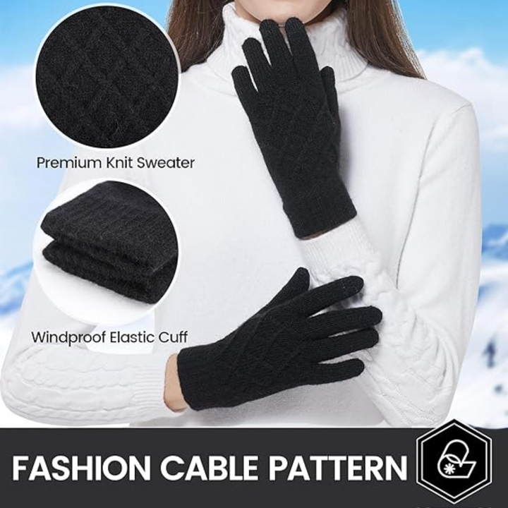 Person wearing black unisex touchscreen winter gloves, operating a smartphone