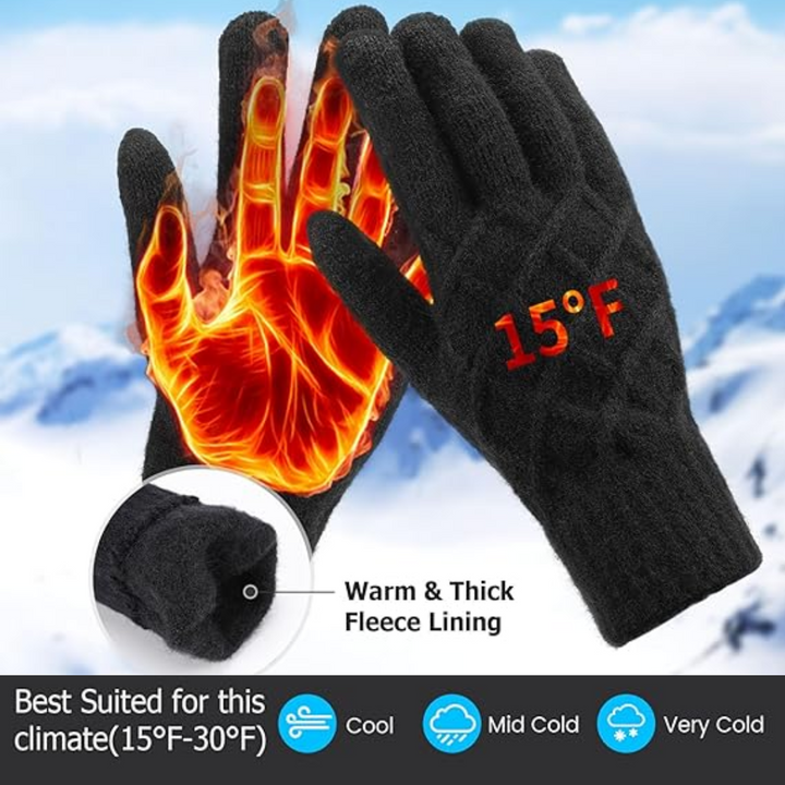 Gift set of two pairs of black thermal knitted touchscreen winter gloves