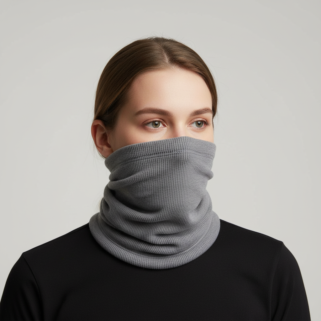 Close-up of a black thermal neck warmer with soft fleece lining for ultimate warmth