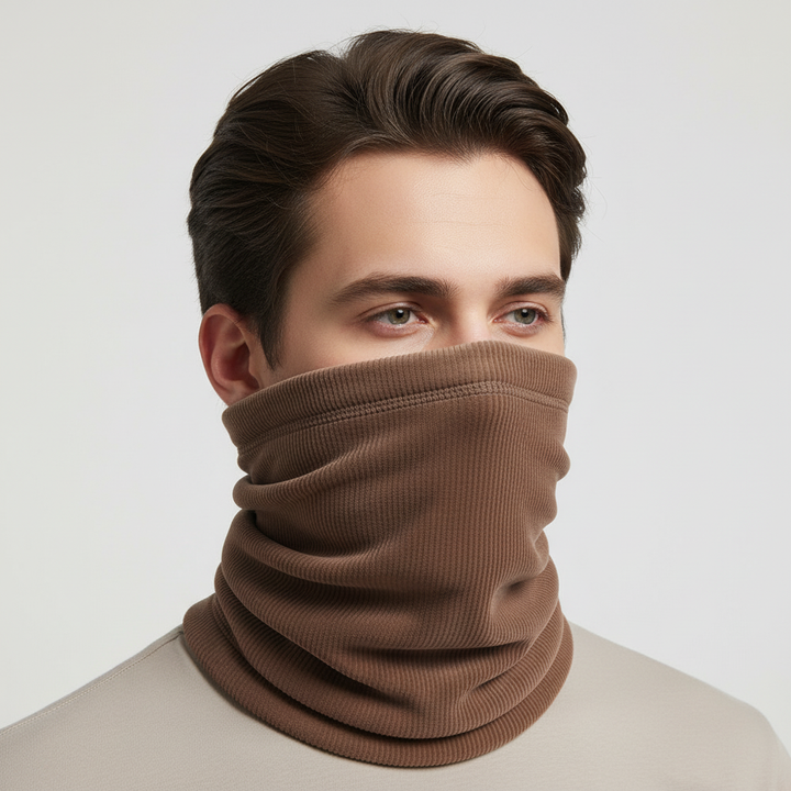 Folded black thermal neck warmer, soft fleece lining, essential cold weather accessory