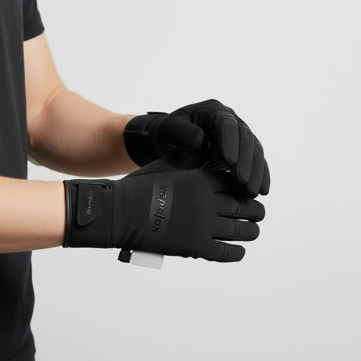 Black unisex running gloves, touchscreen compatible for sports.