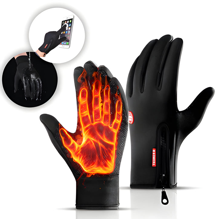 Black thermal touchscreen gloves, unisex design, windproof & water-resistant for winter sports.