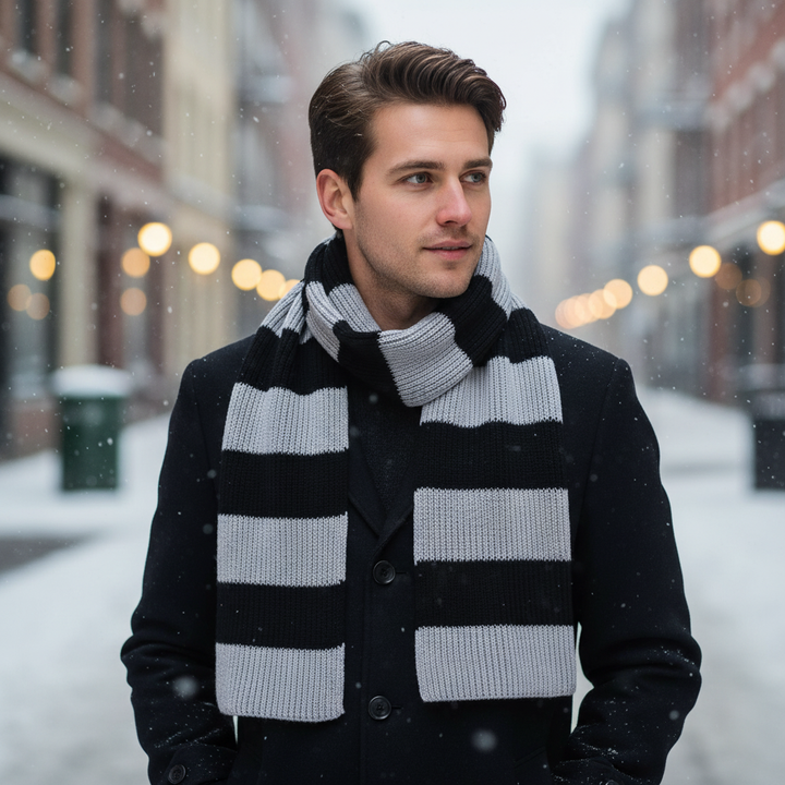 Unisex thick knitted winter scarf, warm striped chunky knit accessory for fall fashion