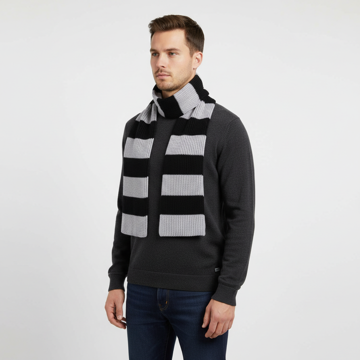 Soft unisex chunky knitted scarf with warm stripes, perfect winter fashion accessory