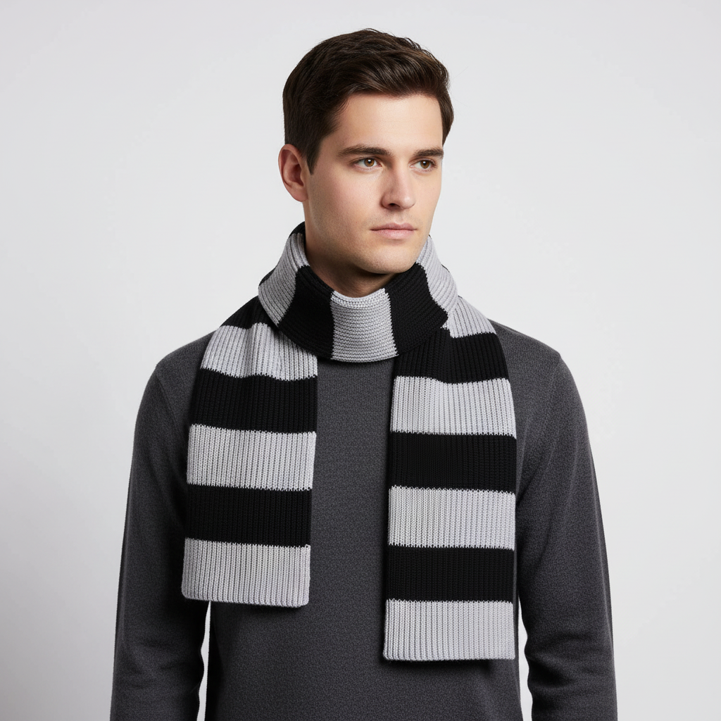 Warm ribbed knit unisex scarf, black and white stripes, cozy fall and winter accessory