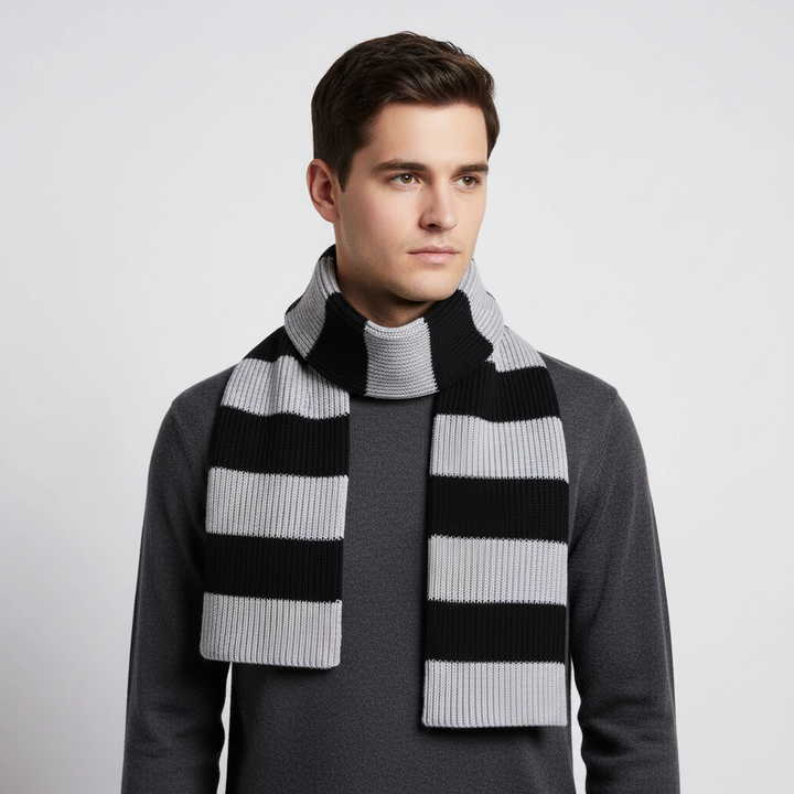 Warm ribbed knit unisex scarf, black and white stripes, cozy fall and winter accessory