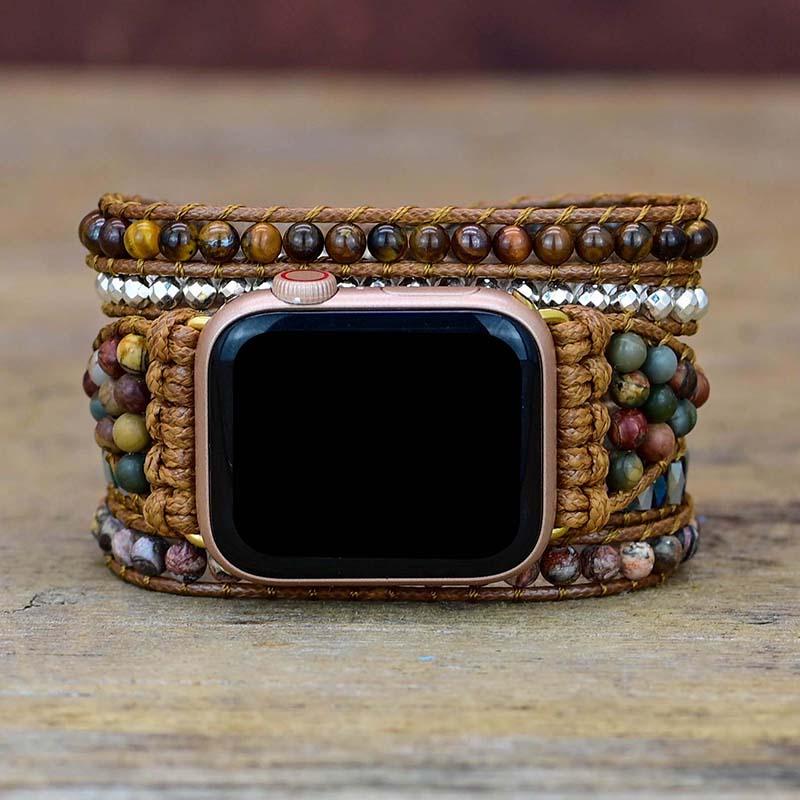 Polished Tiger Eye gemstone Apple Watch strap, durable and fashionable natural stone band.