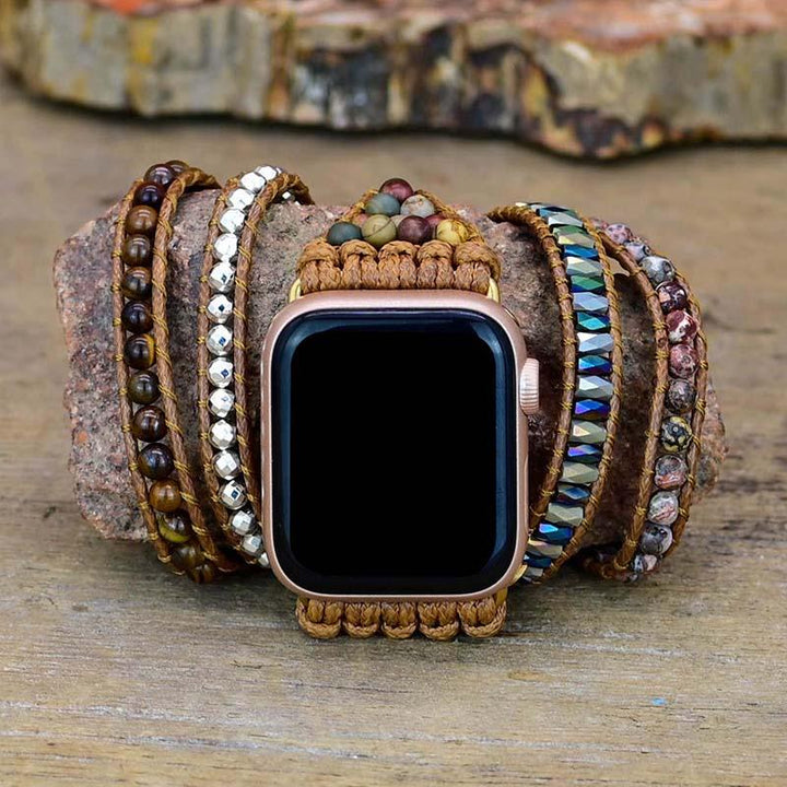 Energy-boosting Tiger Eye Apple Watch strap, a spiritual jewelry piece with natural gemstones.