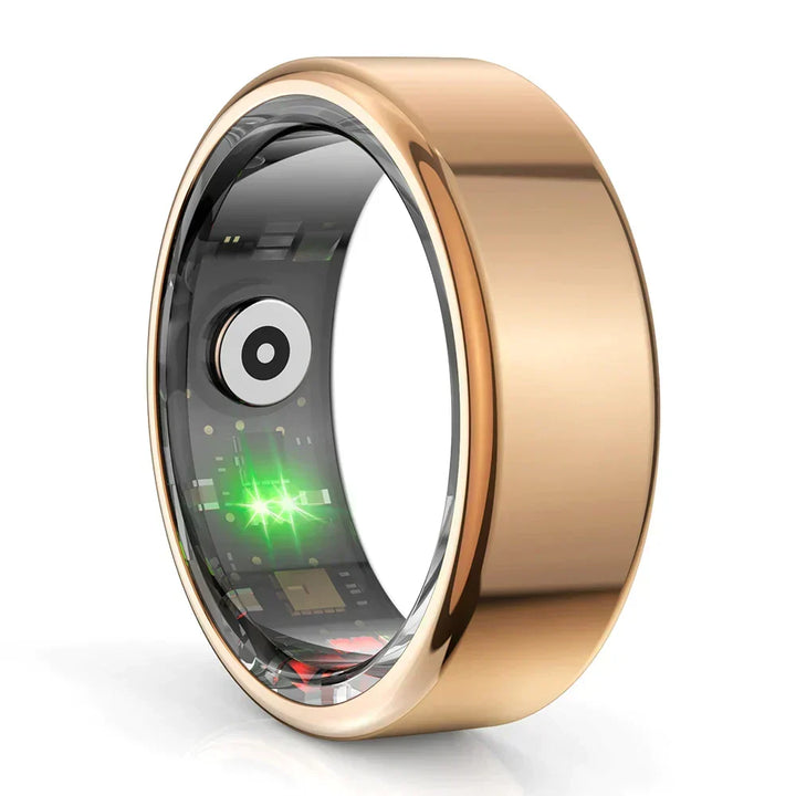 Smart titanium ring for health: tracks heart rate, sleep, blood oxygen, and activity levels.