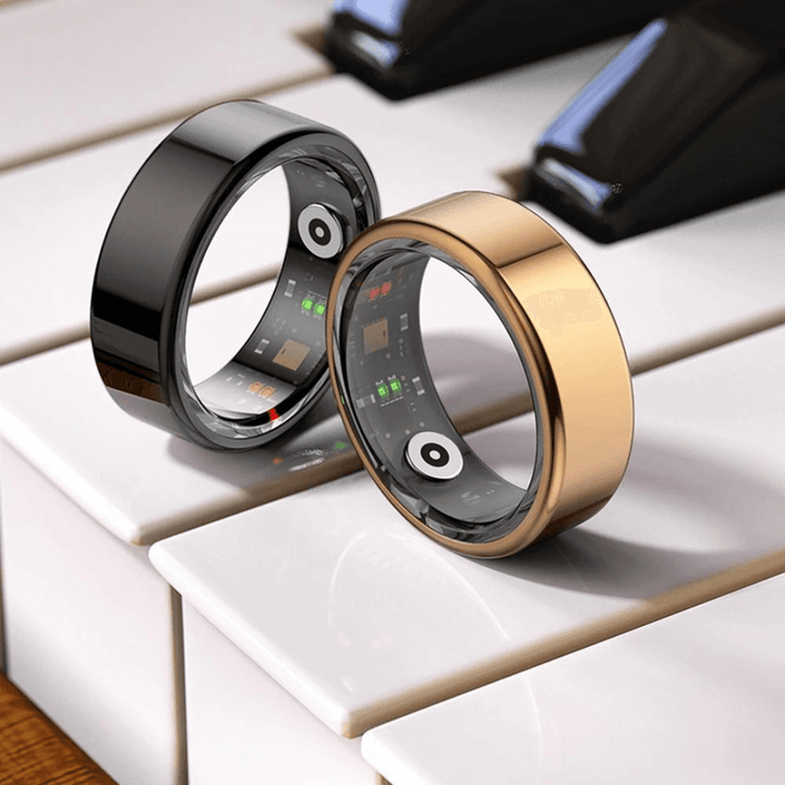 Elegant black titanium smart ring for men & women, monitors sleep, stress, and activity tracking.