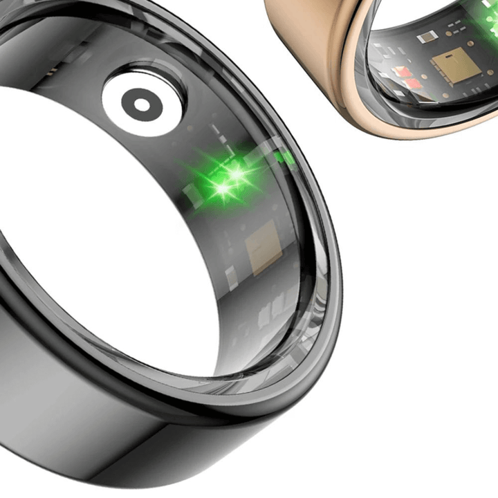 Sleek black titanium health ring, a smart wearable device for holistic wellness and activity tracking.