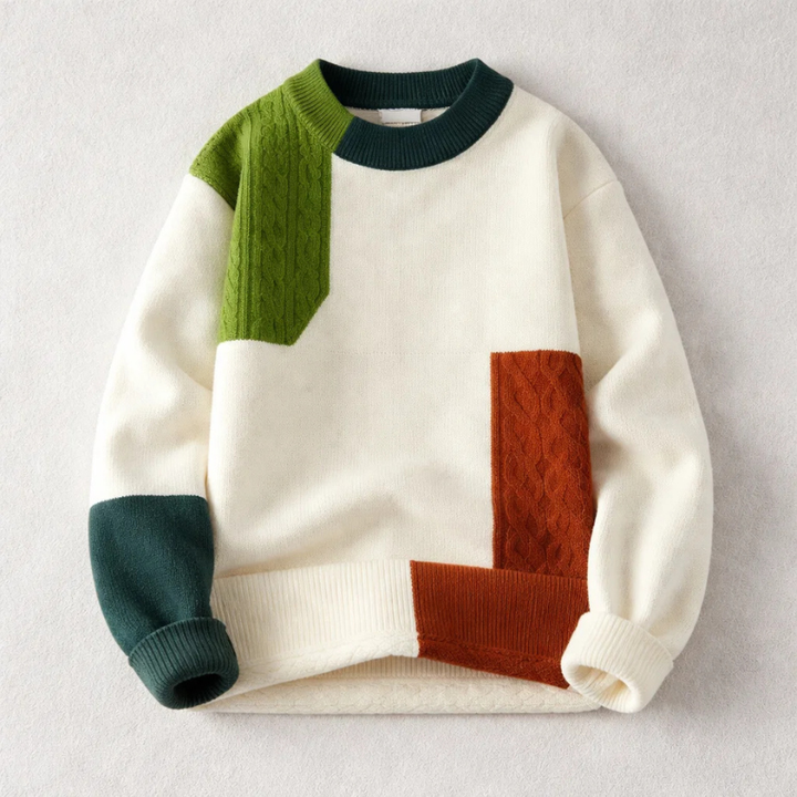 Stylish unisex Toronto knitted sweater. Modern color block design, a versatile fall essential for casual comfort.