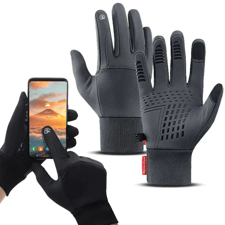 Pair of black unisex warm gloves with conductive fingertips for smartphone use in cold weather