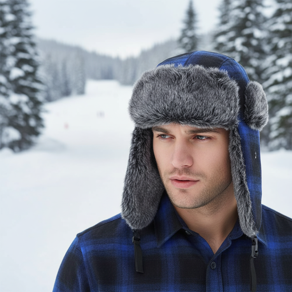 Unisex TrapperCozy winter hat with ear flaps, faux fur lining, perfect for cold weather