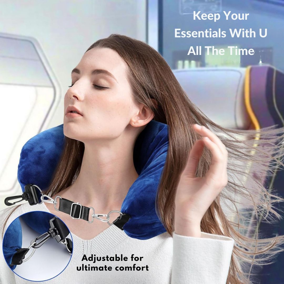 TravelMate™ storage pillow: hidden compartment for clothes, offering luggage space & comfortable neck support for travel.