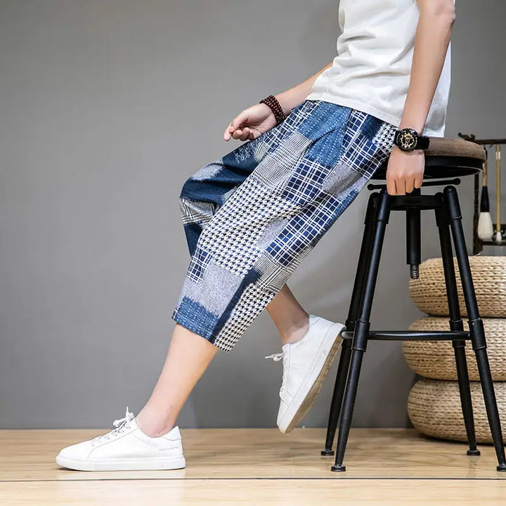 Trendy casual wear capris shorts for men & women, featuring a unique patchwork design. Great for summer.