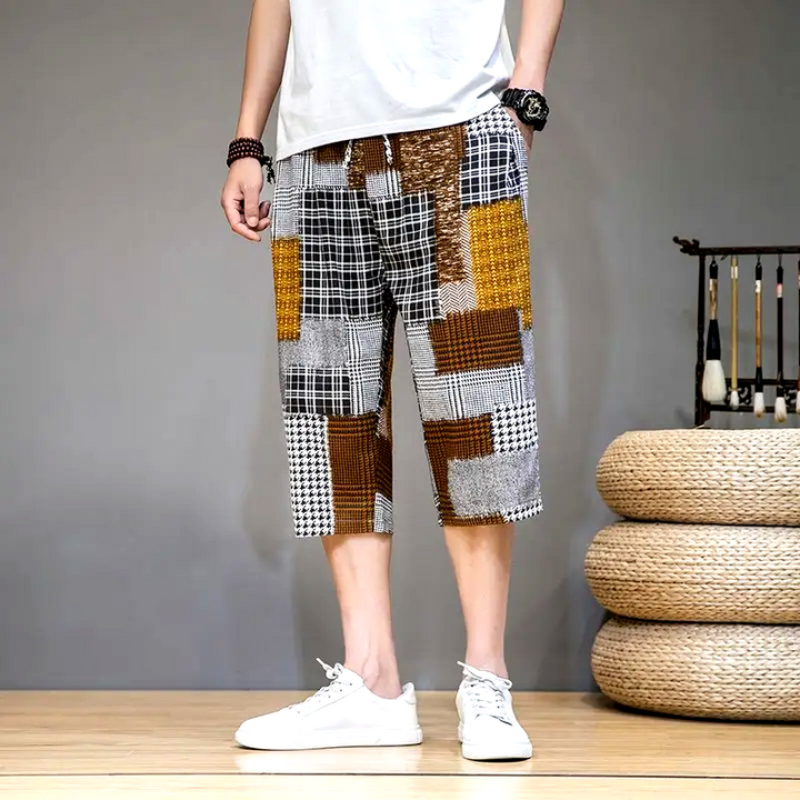 Comfortable unisex patchwork capris shorts, offering a unique and trendy look for spring & summer fashion.