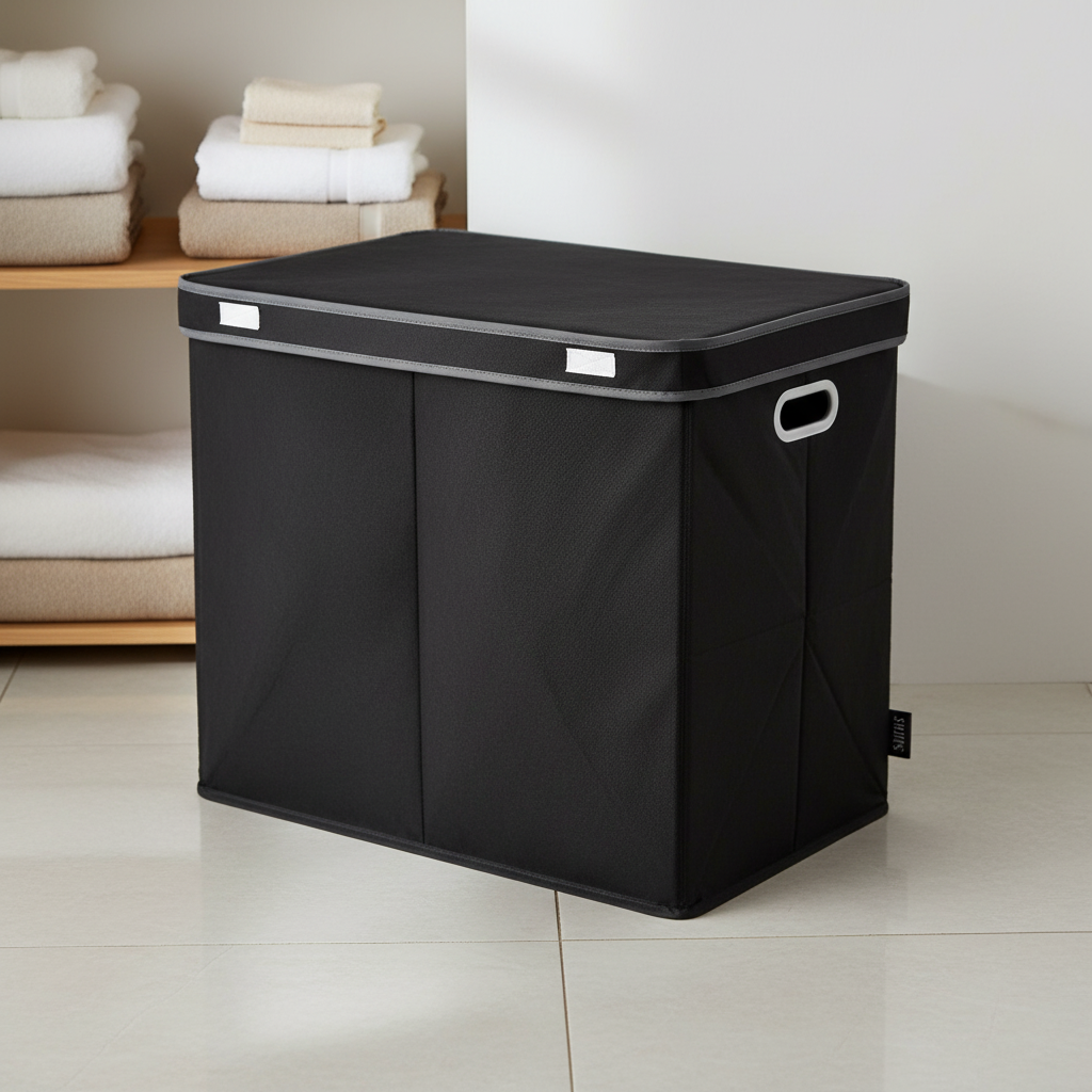 Unisex triple folding laundry sorter with lid, grey fabric, for home organization and storage