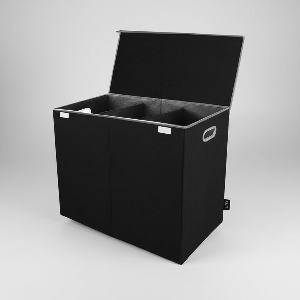 Collapsible triple laundry basket sorter, minimalist design, shown folded for easy storage