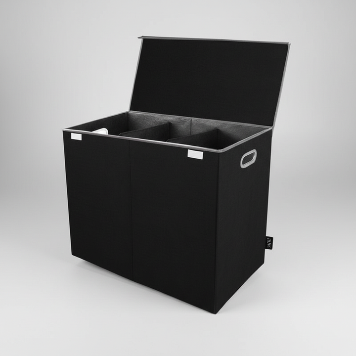 Collapsible triple laundry basket sorter, minimalist design, shown folded for easy storage