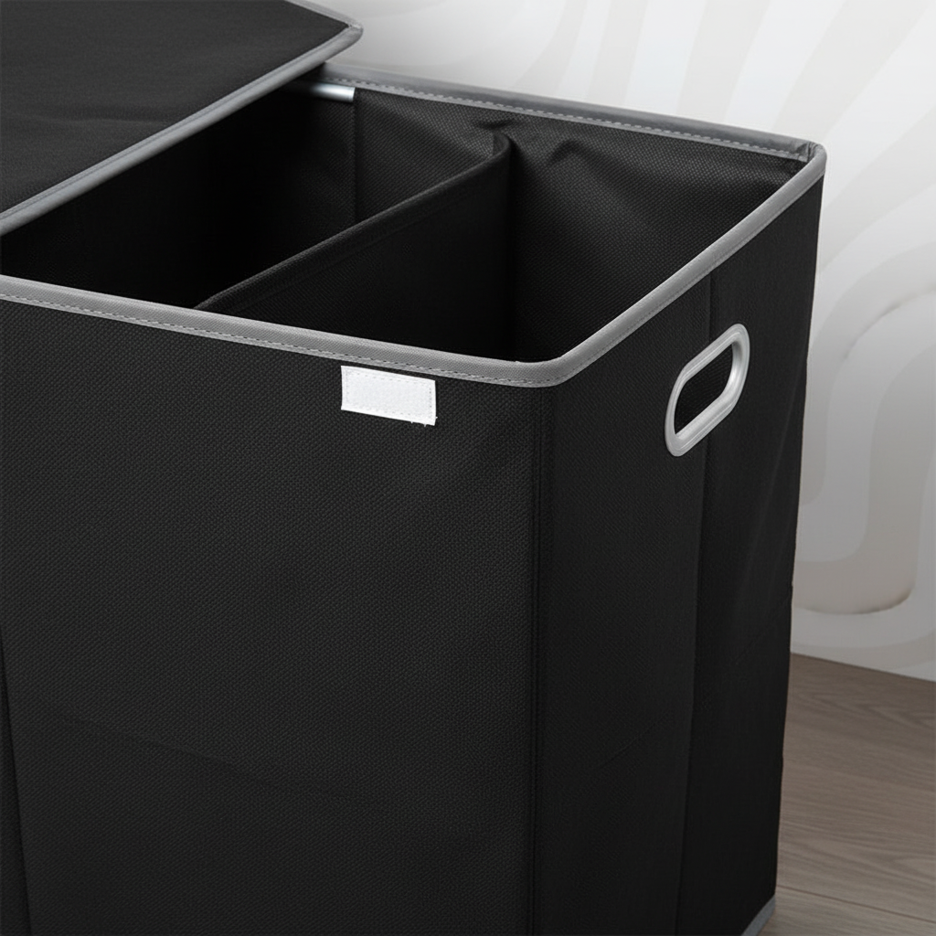 Dreifach Faltbarer Wäschekorb LaundriTrio, lid closed, perfect for efficient laundry organization