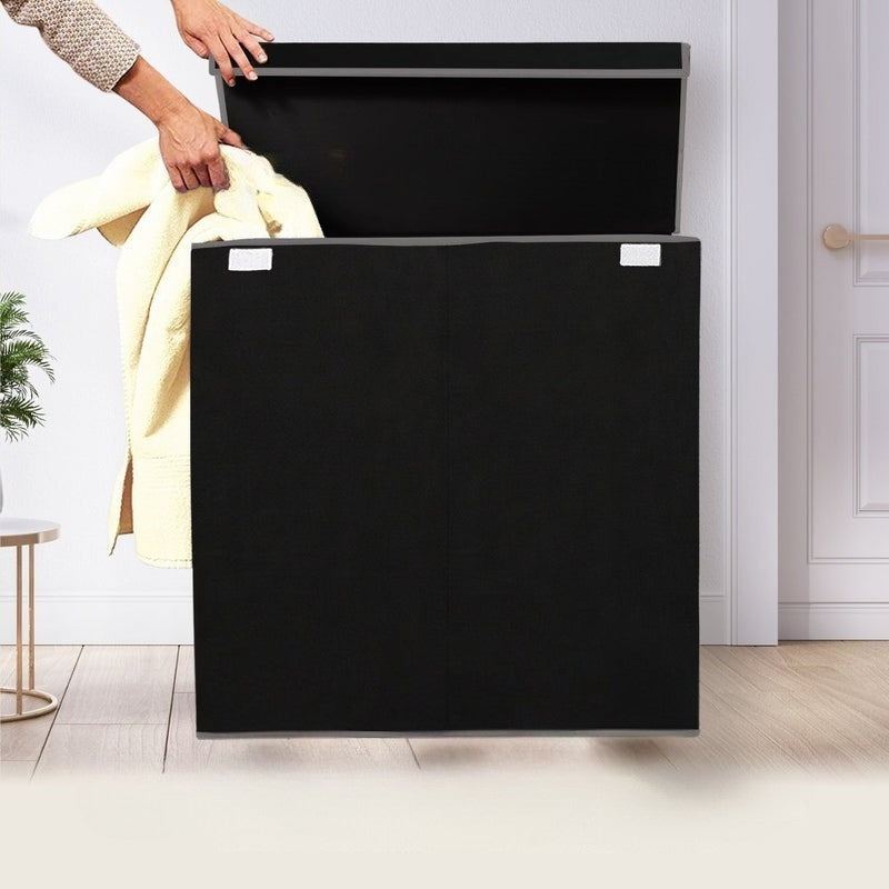 Grey triple compartment laundry sorter with handles, foldable design for space-saving home use