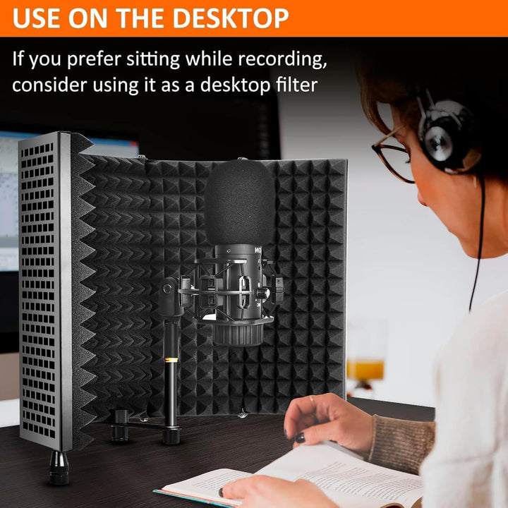 Foldable microphone isolation shield, black, with acoustic foam for home studio recording