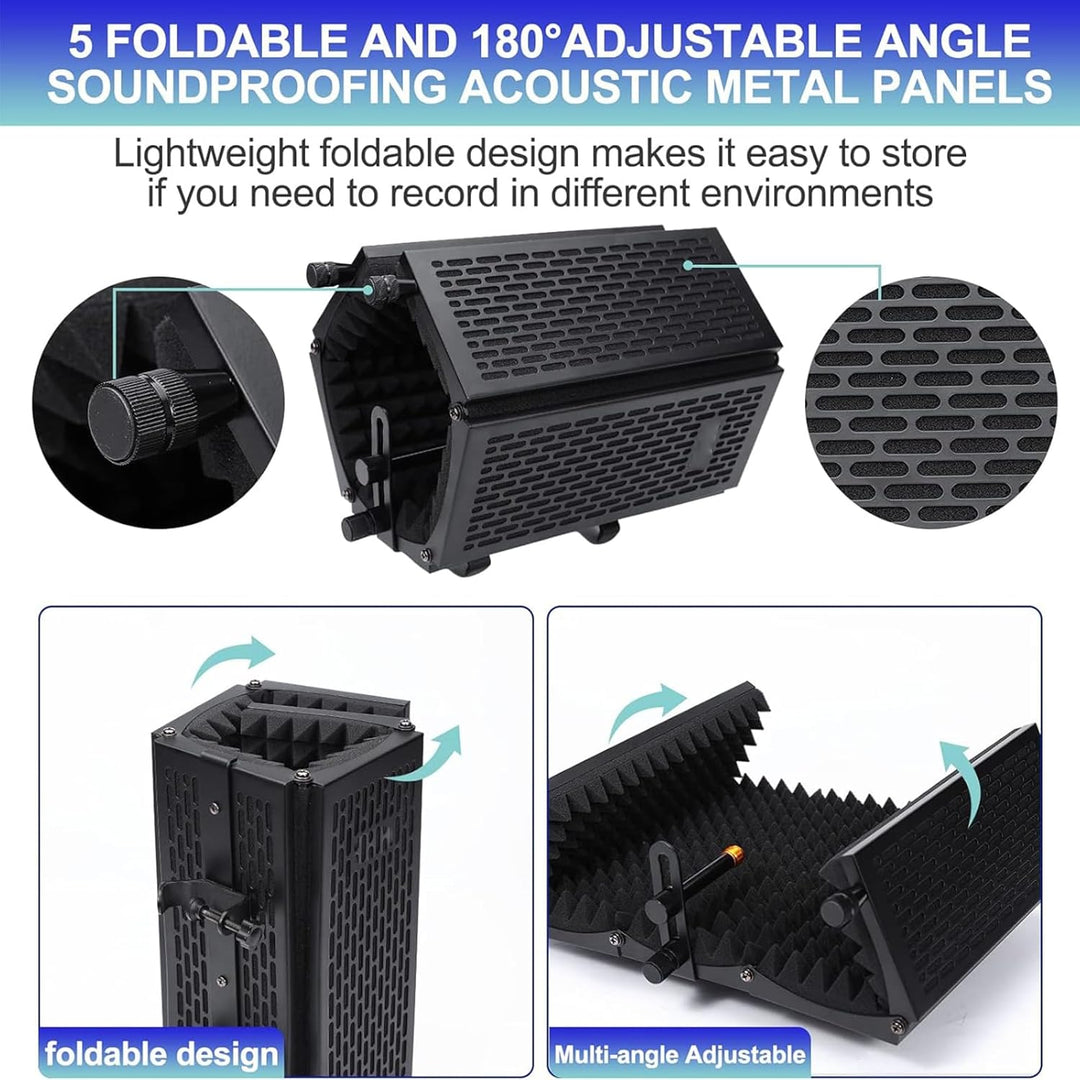 Portable triple-layer microphone acoustic shield with stand, ideal for podcasting and audio recording