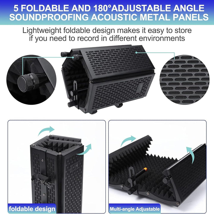 Portable triple-layer microphone acoustic shield with stand, ideal for podcasting and audio recording