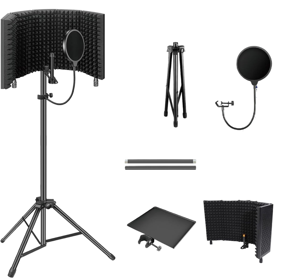 Studio gear: Foldable microphone isolation shield, black foam, tripod, for clear vocal booth sound
