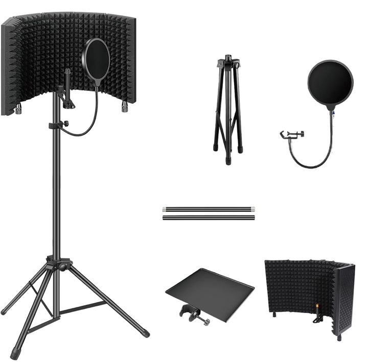 Studio gear: Foldable microphone isolation shield, black foam, tripod, for clear vocal booth sound