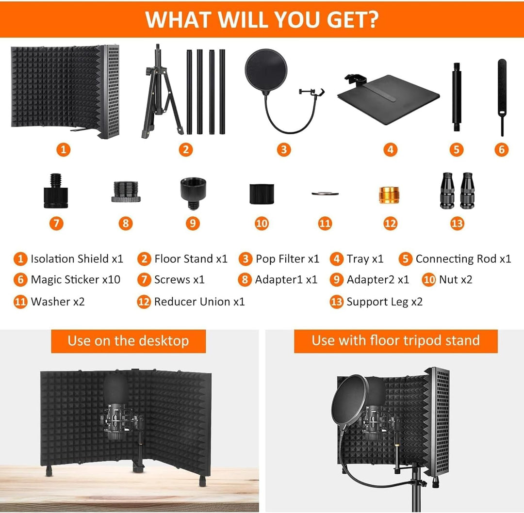 Compact microphone isolation shield with three layers and adjustable tripod, podcasting equipment