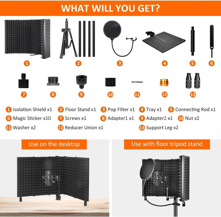 Compact microphone isolation shield with three layers and adjustable tripod, podcasting equipment