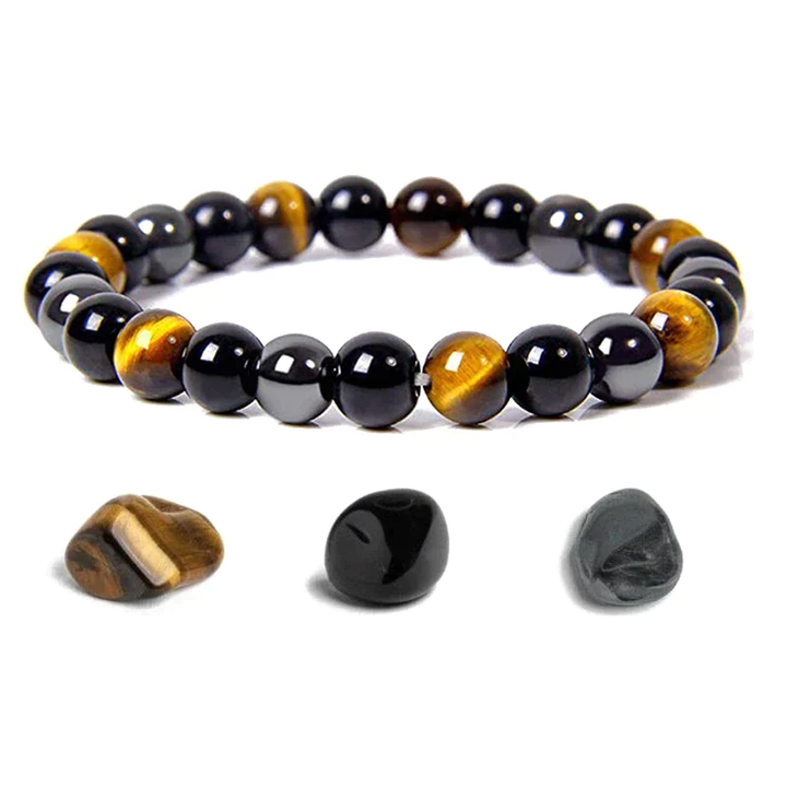Unisex Triple Protection Bracelet with natural obsidian, hematite, and tiger eye gemstones.