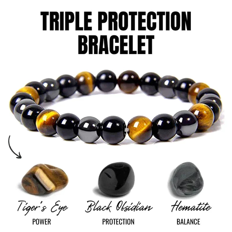 Elegant unisex protection bracelet featuring genuine obsidian, hematite, and tiger eye stones for healing.