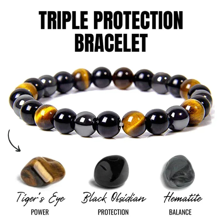 Elegant unisex protection bracelet featuring genuine obsidian, hematite, and tiger eye stones for healing.