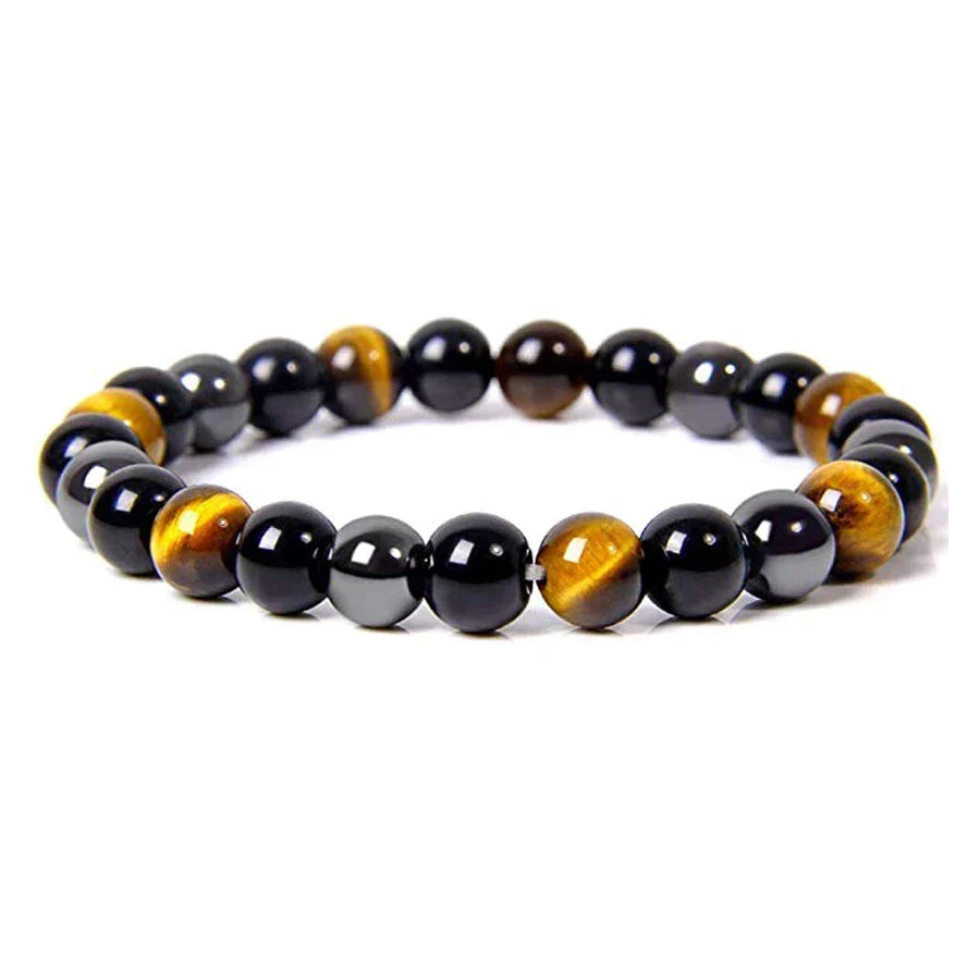 Close-up of triple protection bracelet showcasing shiny obsidian, hematite, and tiger eye natural stones.
