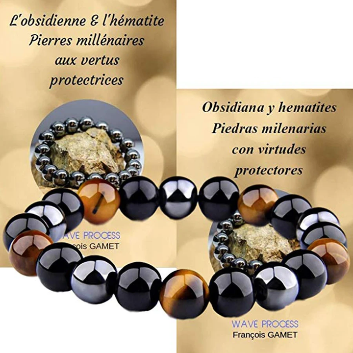 Meaningful triple protection bracelet worn on a wrist, featuring natural obsidian, hematite, tiger eye.