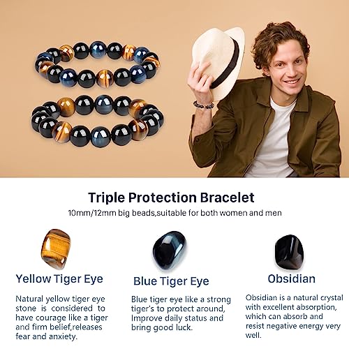 Beautiful gemstone bracelet combining obsidian, hematite, and tiger eye for spiritual protection and style.