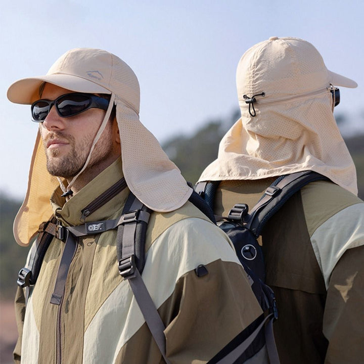 Unisex trucker hat with neck flap for UV protection, ideal for hiking and outdoor adventures.