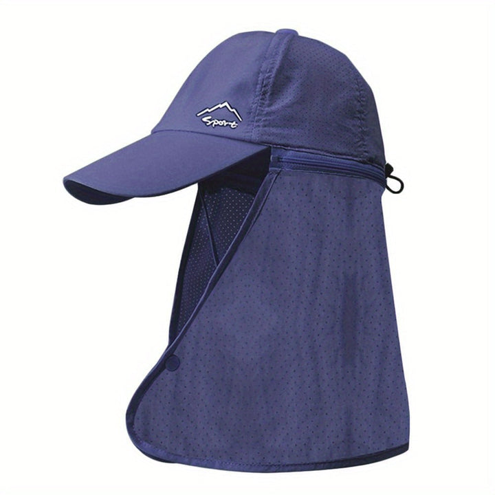 Hiking essential: durable trucker hat with UV protection neck flap for prolonged outdoor exposure.