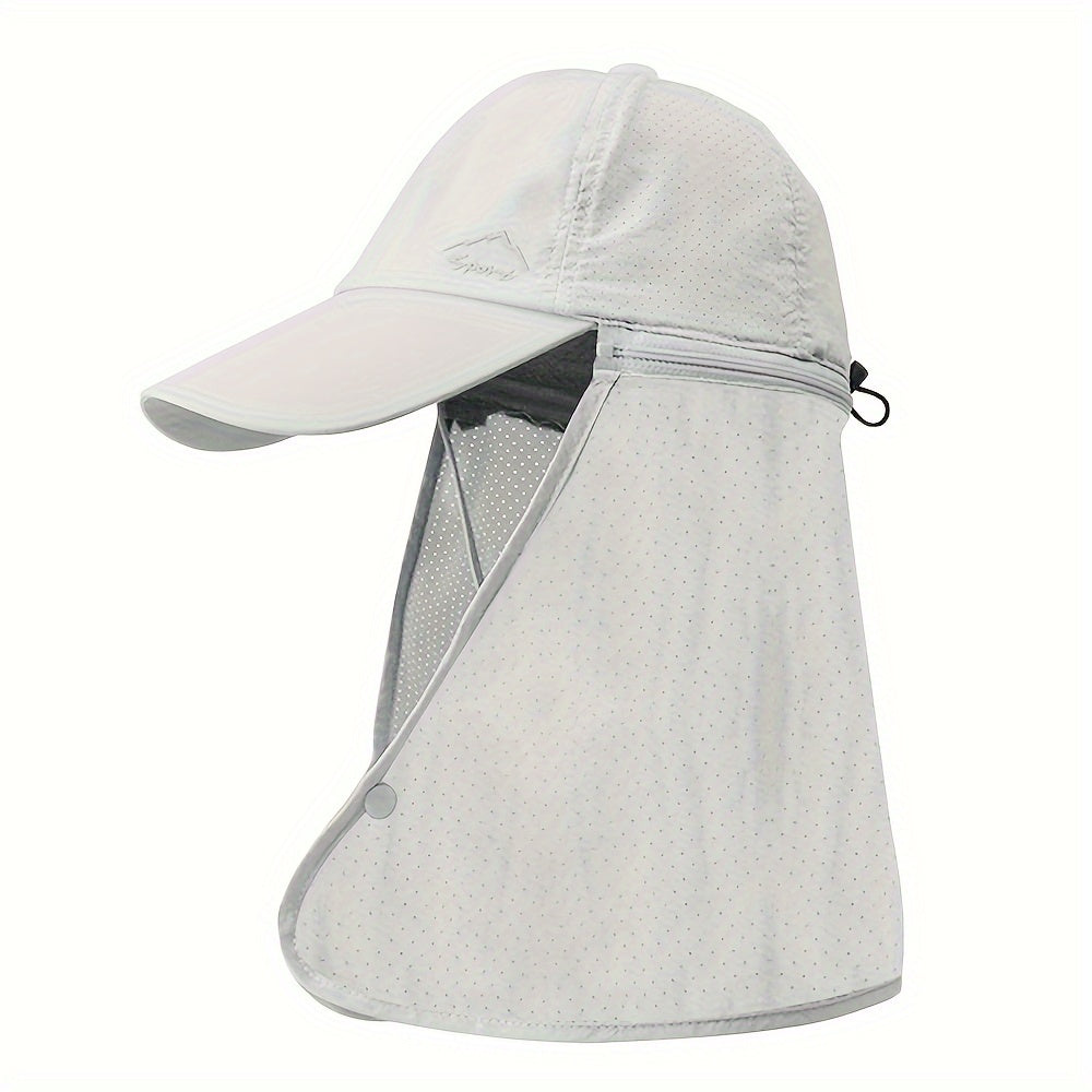 Outdoor adventurer wearing a beige trucker hat with attached neck flap, shielding from sun.