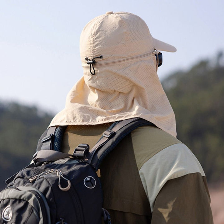 Outdoor UV protection trucker hat with full neck flap, perfect for fishing and sun safety.