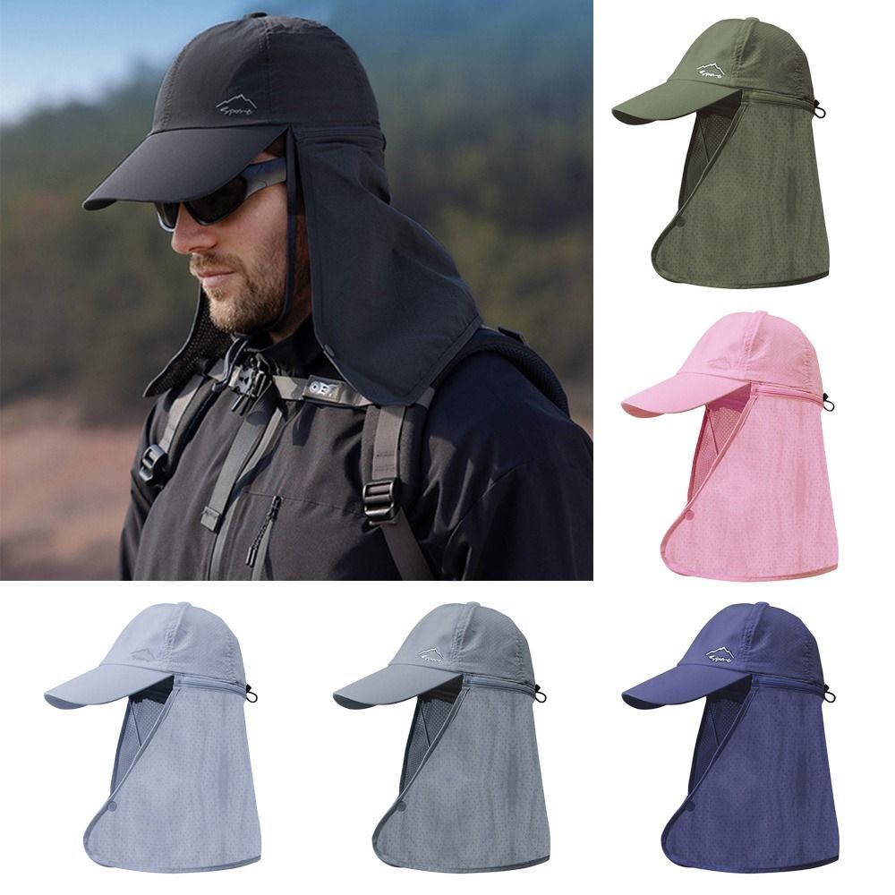 Adjustable unisex trucker hat, gray, with long neck flap, essential for summer sun protection.