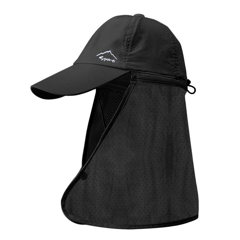 Close-up of a UV protection trucker hat featuring a breathable mesh back and a removable neck flap.