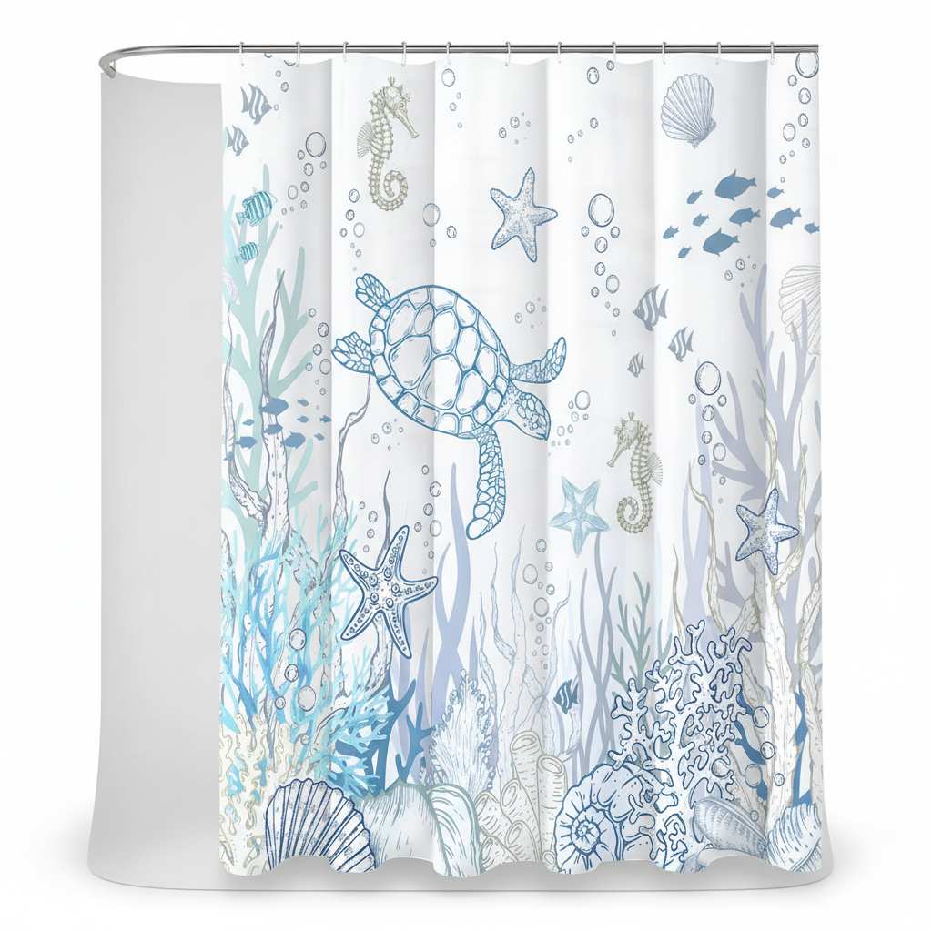 Close-up of TurtleGlide waterproof shower curtain featuring vibrant turtle design, easy install
