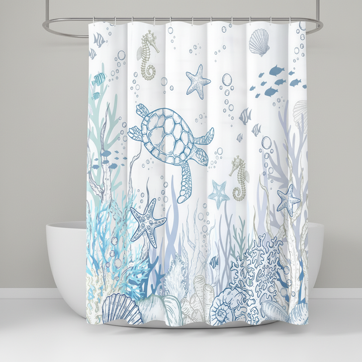 Unisex marine-themed shower curtain with multiple turtles, enhancing bathroom decor, easy clean
