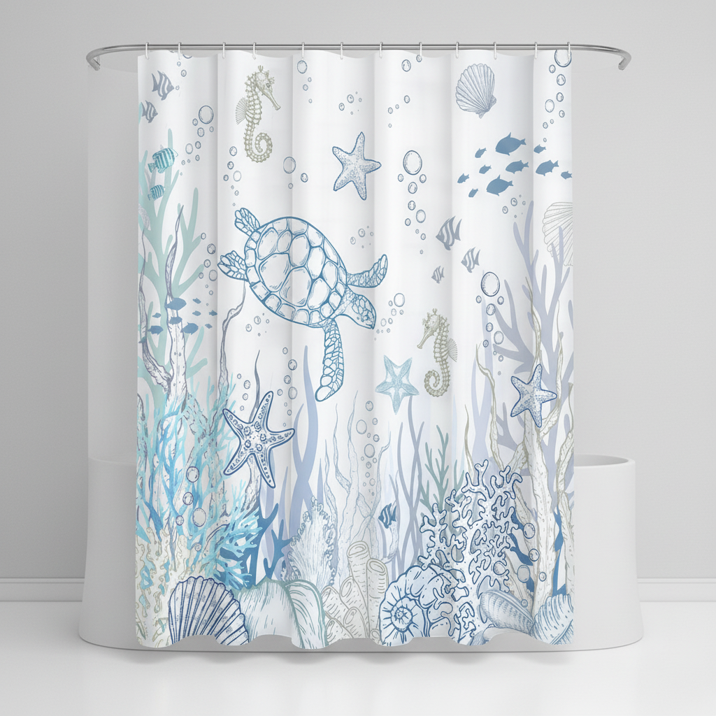 TurtleGlide shower curtain, high-quality waterproof polyester, adds charm to any bathroom