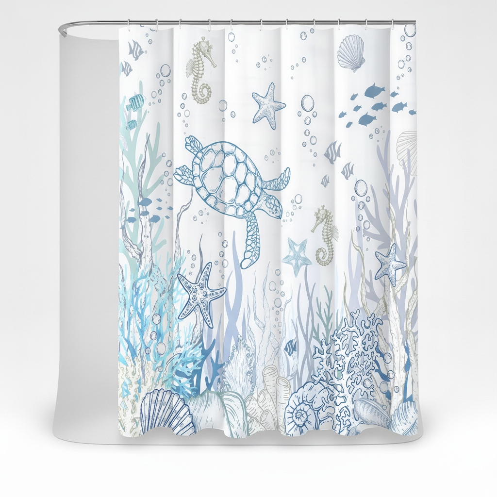 Installed Turtle Theme Shower Curtain for bathroom, waterproof and easy to maintain polyester fabric